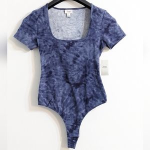 Jenni Intimates Women's Blue Tie Dye Square Neck Ribbed Bodysuit, Size Medium